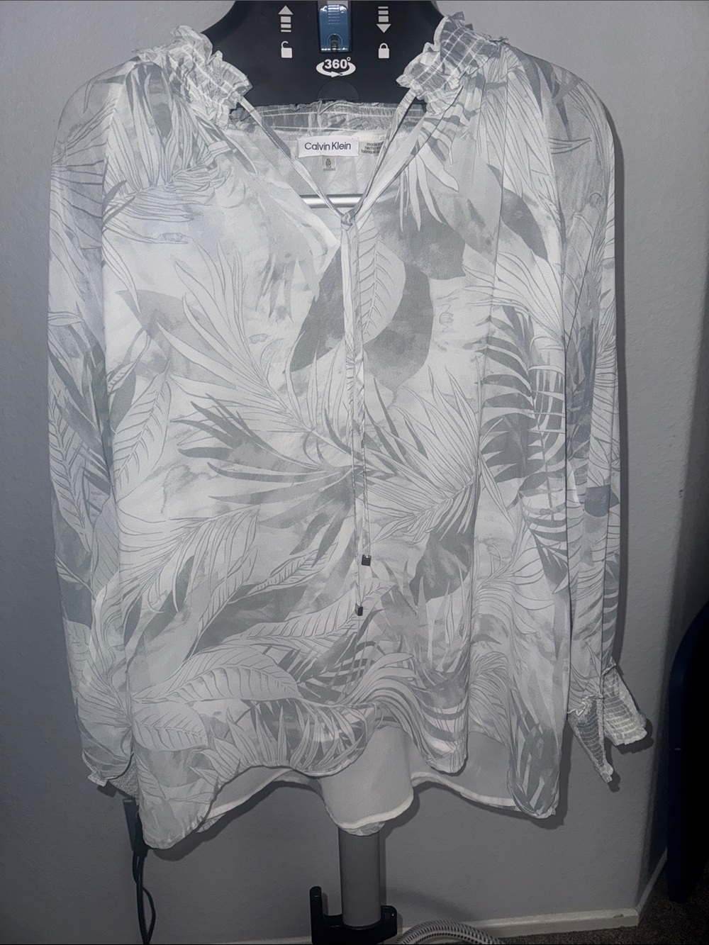 Calvin Klein White Sheer Leaf-Print Ruffled Tie-Neck Blouse